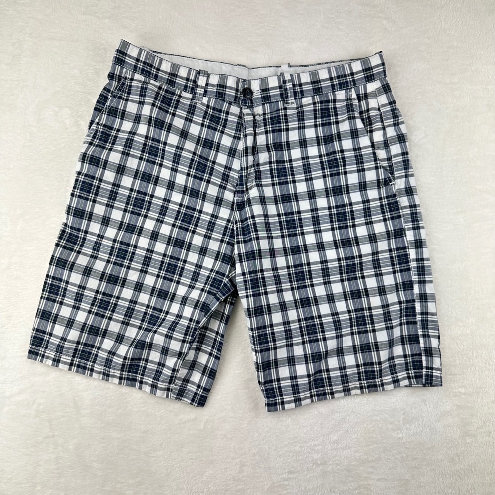 Weatherproof Vintage Shorts Mens Plaid Flat Front 34 Blue Chino 100% Cotton